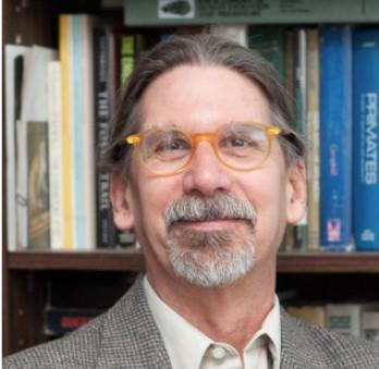 a man with glasses, standing in front fo a book shelf